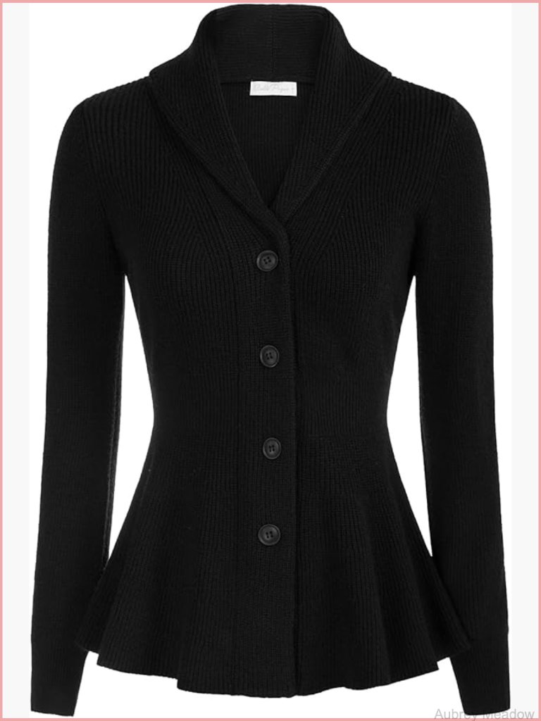 Vintage Shawl Lapel Cardigan Sweater Peplum Hem Button Down Outwear